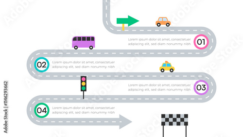 Roadmap Infographic with Cars, Traffic Lights, and Numbered Steps on Winding Path