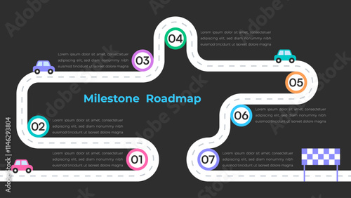 Milestone Roadmap with Colorful Circular Markers and Cars on Dark Background