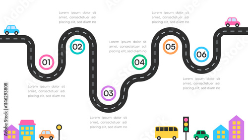 Winding Road Timeline with Bright Markers and Cars on White Background