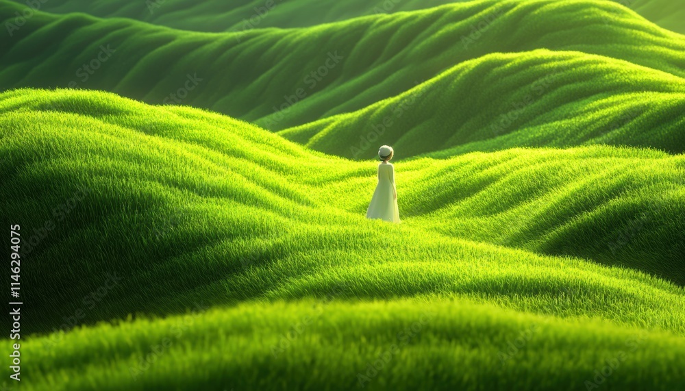 Fototapeta premium Woman in White Dress Walking Through Vibrant Green Grass Field