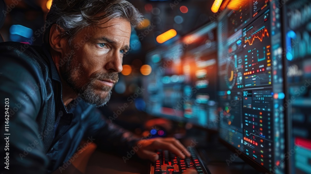Man intently monitors financial data on multiple screens Man intently monitors financial data on multiple screens