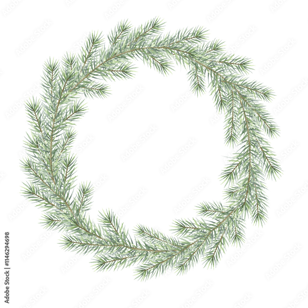 Christmas round wreath with green spruce branches. Hand drawn watercolor isolated illustration fir tree twigs for festive Happy New Year greeting cards template, sticker, label, postcard and design. Christmas round wreath with green spruce branches. Hand drawn watercolor isolated illustration fir tree twigs for festive Happy New Year greeting cards template, sticker, label, postcard and design.