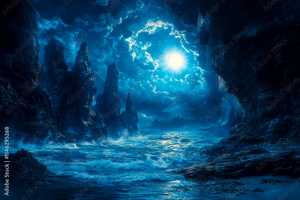 Exploring the Blue Depths: Underwater Sea Abyss bathed in Sunlight Exploring the Blue Depths: Underwater Sea Abyss bathed in Sunlight