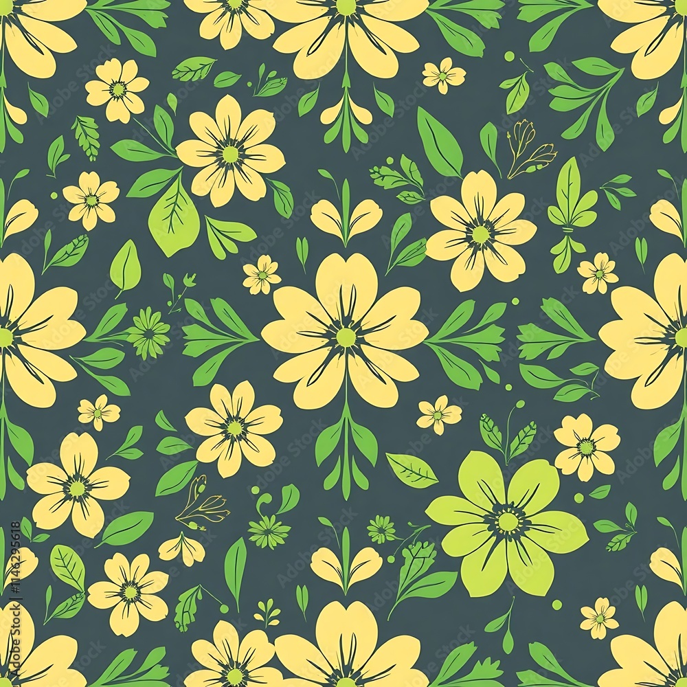 Floral Delight: A seamless pattern of cheerful yellow and green flowers on a dark teal background. Perfect for textile prints, wallpapers, and more. Floral Delight: A seamless pattern of cheerful yellow and green flowers on a dark teal background. Perfect for textile prints, wallpapers, and more.