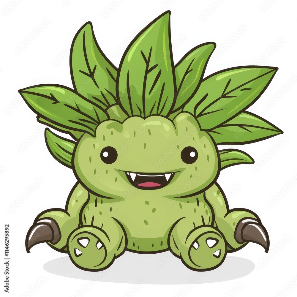 A friendly green monster with a leafy head sits with a smile. A friendly green monster with a leafy head sits with a smile.