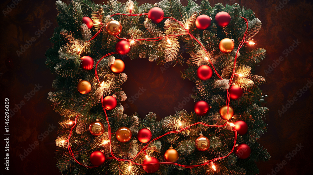 A festive square Christmas wreath featuring dense, detailed fir branches, dark green pine needles, and red string lights outlining its square shape. A festive square Christmas wreath featuring dense, detailed fir branches, dark green pine needles, and red string lights outlining its square shape.