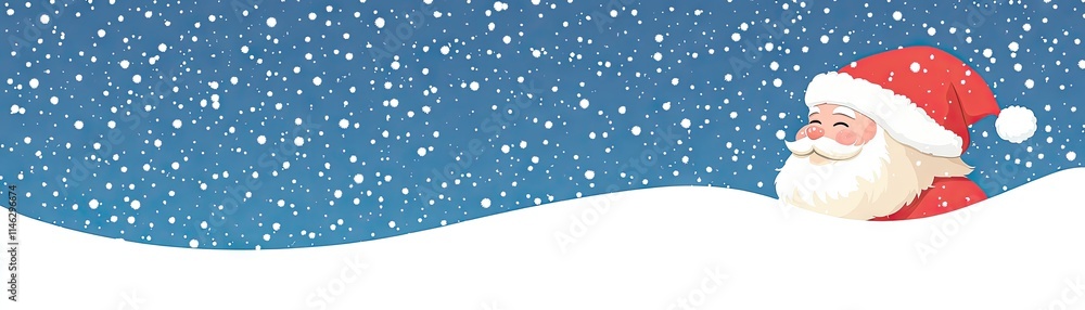 A cheerful Santa Claus peeks over a snowy landscape with falling snowflakes.