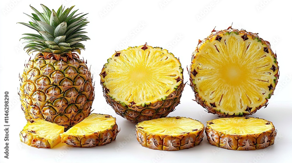 A whole and sliced pineapple showcasing its vibrant yellow flesh and textured exterior. A whole and sliced pineapple showcasing its vibrant yellow flesh and textured exterior.
