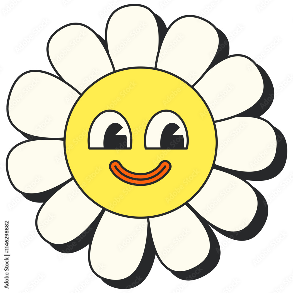 Retro Groovy Flower. Groovy flower cartoon characters. Funny happy daisy with eyes and smile. Sticker pack in trendy retro trippy style. Isolated vector illustration. Hippie 60s, 70s style. Retro Groovy Flower. Groovy flower cartoon characters. Funny happy daisy with eyes and smile. Sticker pack in trendy retro trippy style. Isolated vector illustration. Hippie 60s, 70s style.