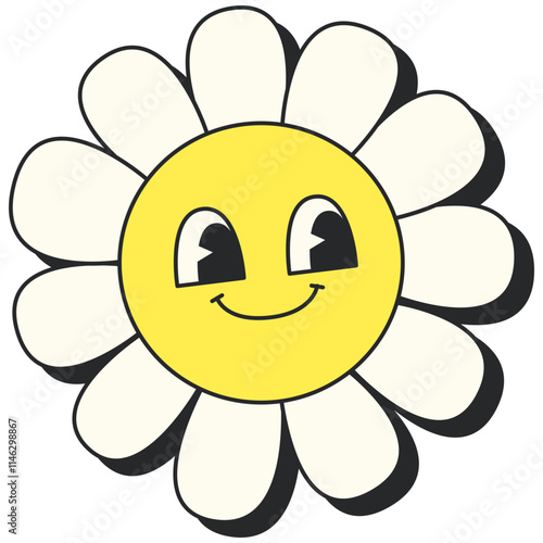 Retro Groovy Flower. Groovy flower cartoon characters. Funny happy daisy with eyes and smile. Sticker pack in trendy retro trippy style. Isolated vector illustration. Hippie 60s, 70s style.