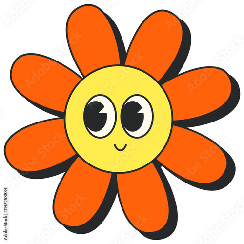Retro Groovy Flower. Groovy flower cartoon characters. Funny happy daisy with eyes and smile. Sticker pack in trendy retro trippy style. Isolated vector illustration. Hippie 60s, 70s style.
