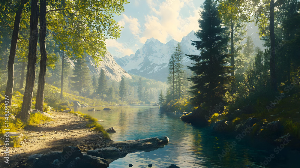 Obraz premium Serene Mountain River 3D Illustration
