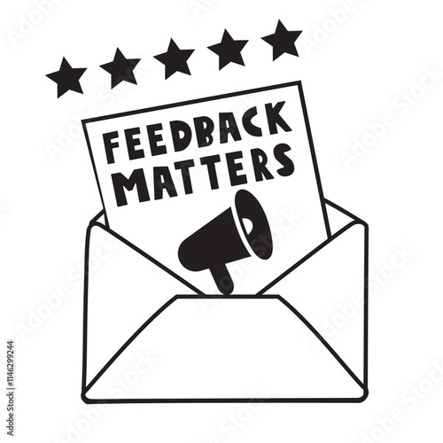 Open envelope. Inscription - feedback matters. Rating. Outline vector illustration.