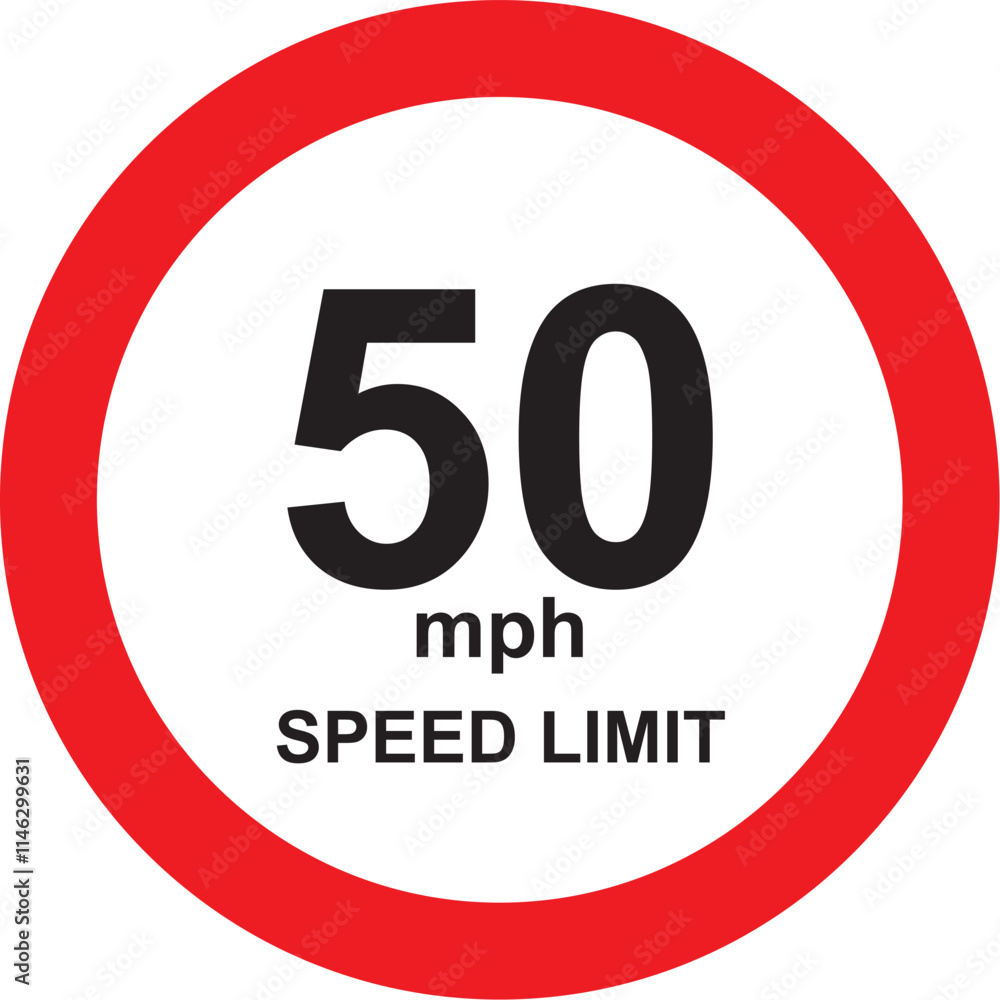 Isolated traffic sign indicating a 50 kmh speed limit. A red circle with the number 50 inside on a white background Isolated traffic sign indicating a 50 kmh speed limit. A red circle with the number 50 inside on a white background