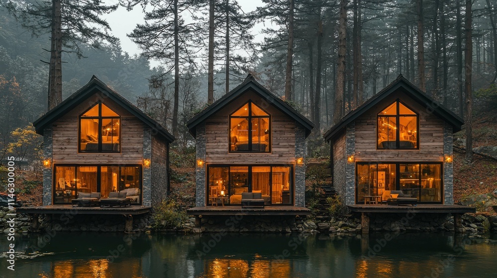Fototapeta premium Three picturesque wooden cabins with warm lights reflecting on a serene lake, surrounded by dense trees and mist, evoking a peaceful retreat.