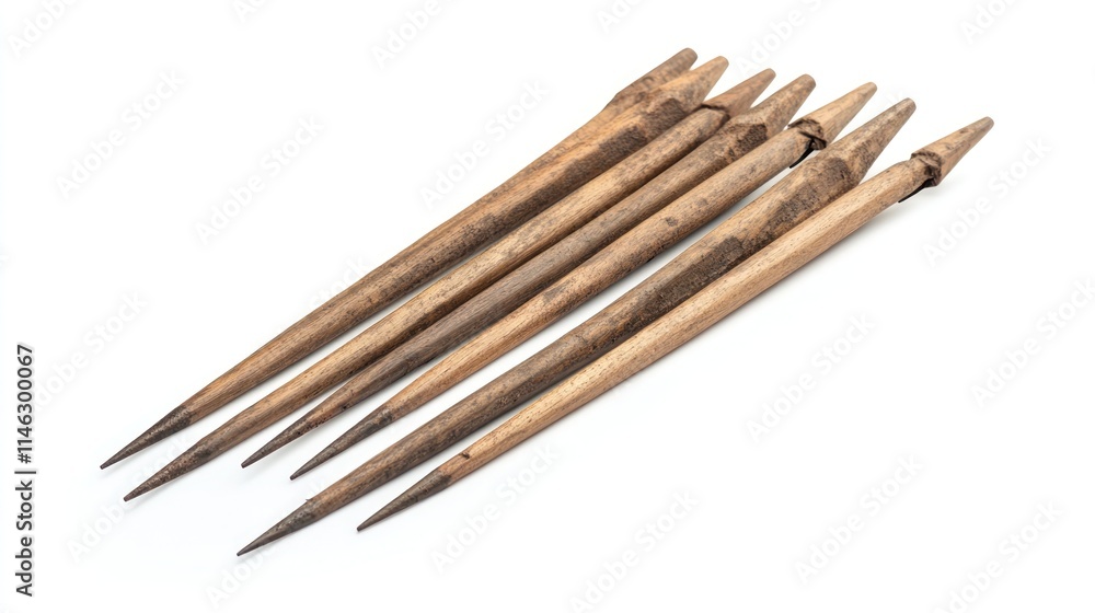 Wooden pointed tools arranged on white background Wooden pointed tools arranged on white background