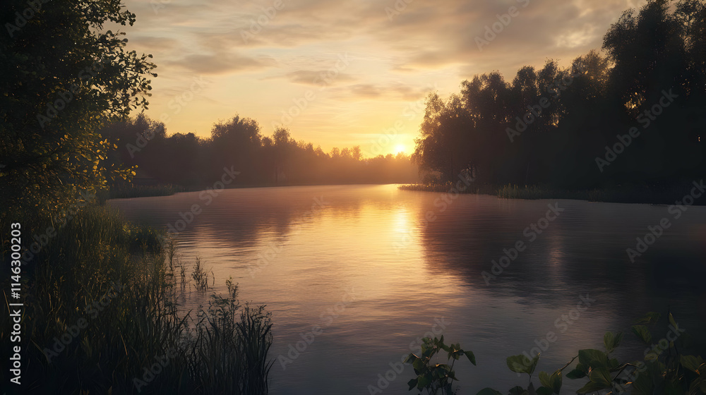 Obraz premium Sunset River Landscape Illustration