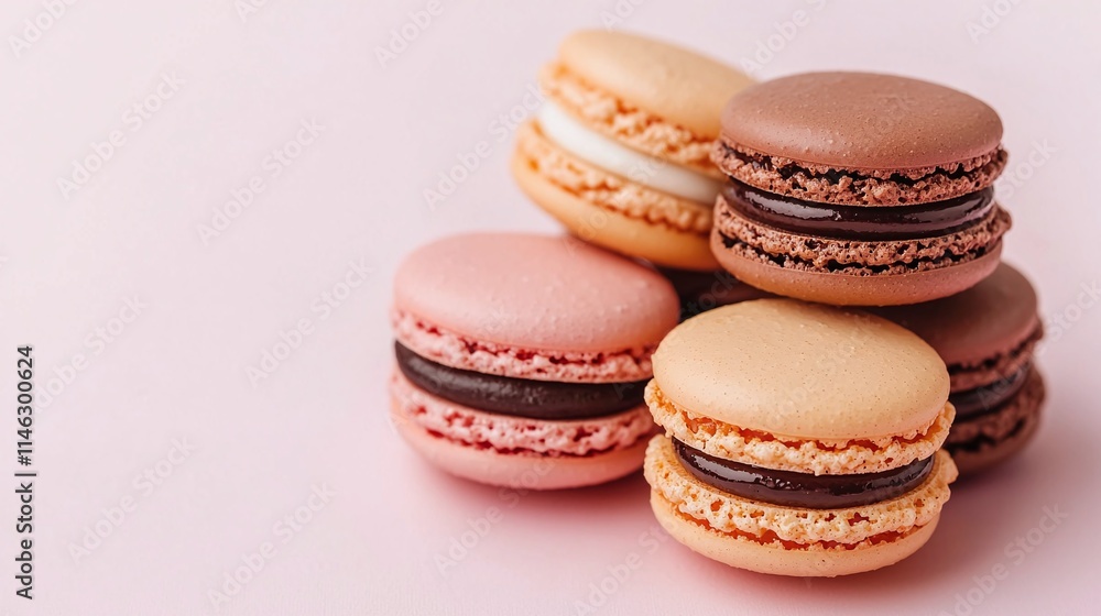 Delicate Pastel Macarons with Chocolate Filling on Pink Background Delicate Pastel Macarons with Chocolate Filling on Pink Background