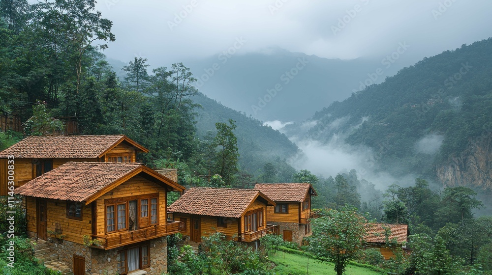 A picturesque wooden village nestled in the mountains during misty weather, surrounded by lush greenery and rolling hills. A picturesque wooden village nestled in the mountains during misty weather, surrounded by lush greenery and rolling hills.