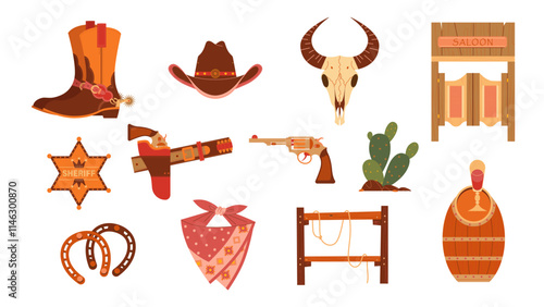 wild west elements collection with cactus, bull skull, cowboy boots, etc.