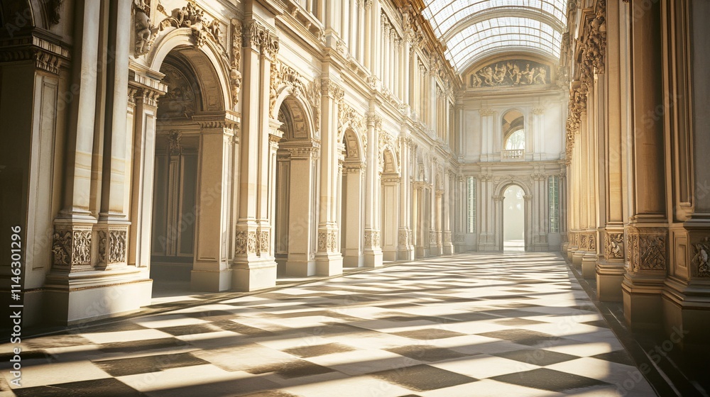 Sunlight illuminating elegant checkered marble floor in classic style palace hallway Sunlight illuminating elegant checkered marble floor in classic style palace hallway