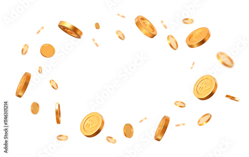 3d flying gold Indian rupees coins on white isolated background. Rich or casino luck concept. Precious expensive treasure. Stock vector illustration.	