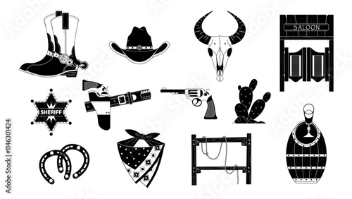 wild west elements collection with cactus, bull skull, cowboy boots, etc. Monochrome style.