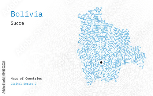 A map of Bolivia depicted in zeros and ones in the form of a circle. The capital, Sucre, is shown in the center of the circle