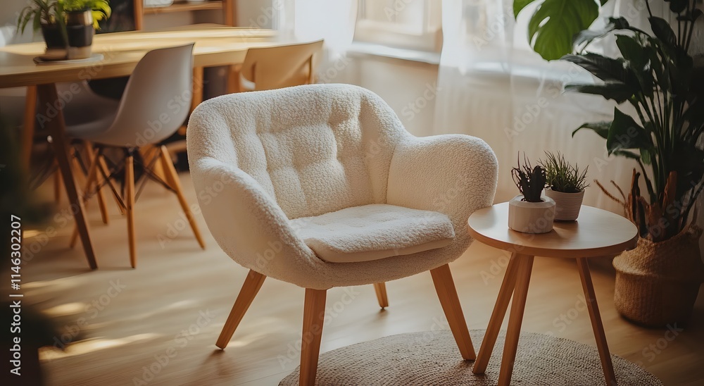 A modern living room features a comfortable soft, fluffy wooden chair and a wooden coffee table next to it. The soft sunlight falls on the chair, creating a cozy and warm atmosphere. A modern living room features a comfortable soft, fluffy wooden chair and a wooden coffee table next to it. The soft sunlight falls on the chair, creating a cozy and warm atmosphere.
