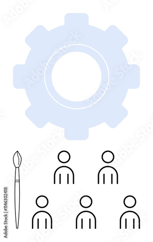 Gear symbol above group of five stick figures and a paintbrush. Ideal for teamwork, collaboration, creativity, workforce, industry, innovation, art themes. Line metaphor