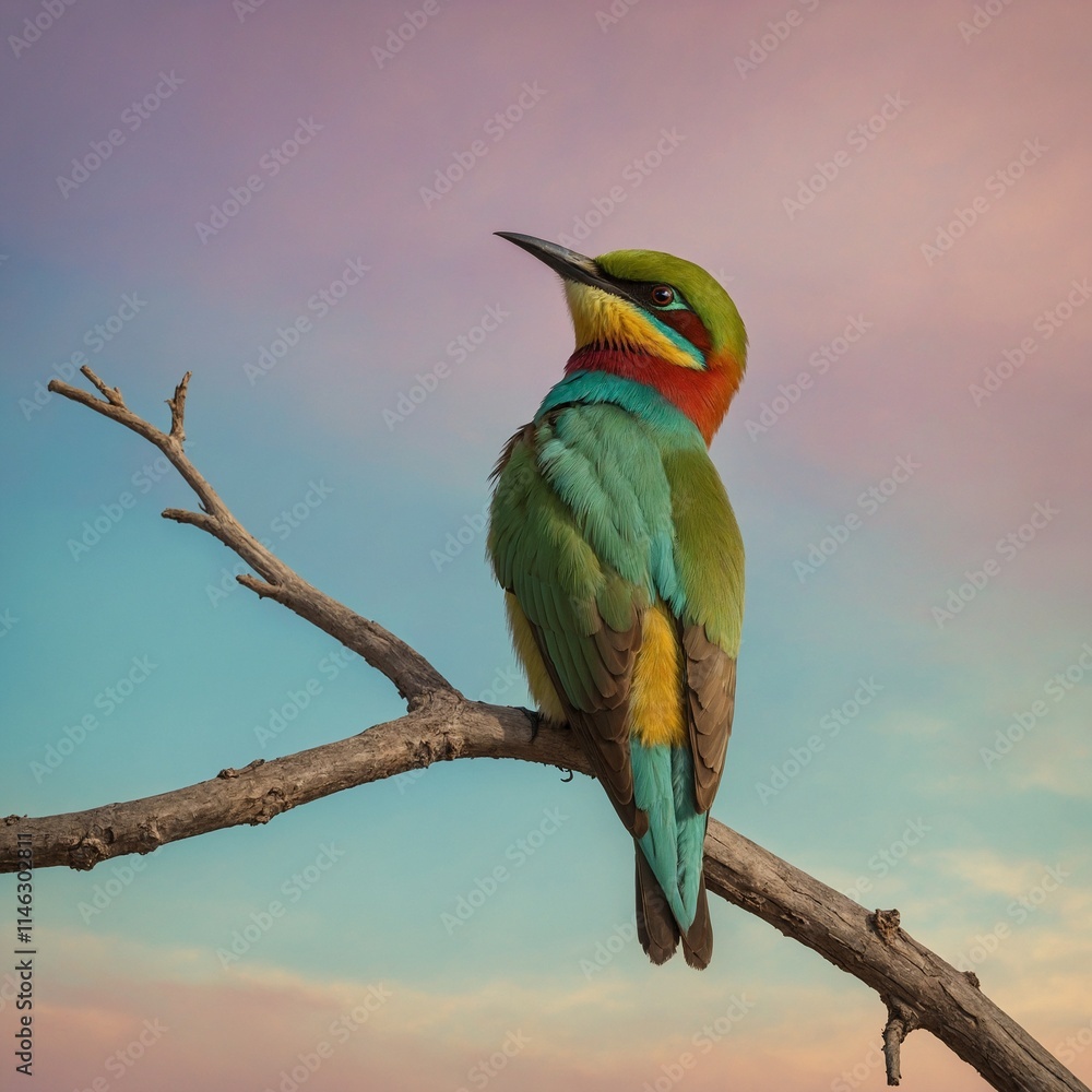 Obraz premium A colorful bee-eater perched on a branch against a pastel sky.