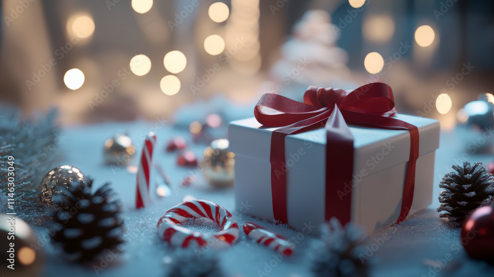Vibrant Christmas Setup with White Gift Box Vibrant Christmas Setup with White Gift Box