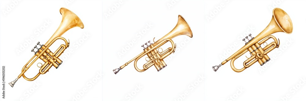 Obraz premium new year gathering concept. A trio of gleaming golden trumpets displayed in a row, showcasing their elegant design and musical charm.