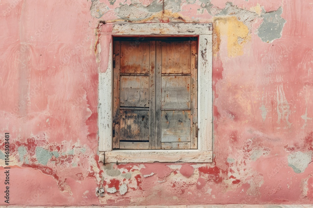  Pink concrete wall with old wooden window in european city. Detailed photo textured background