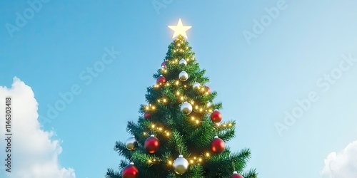 A decorated Christmas tree with a star on top against a clear blue sky.
