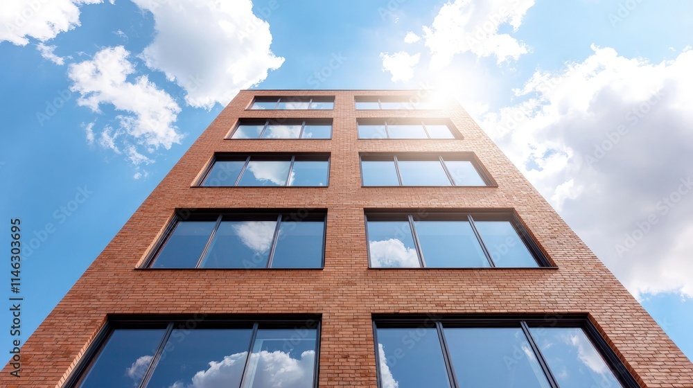 Low angle view of modern brick office building against blue sky. Low angle view of modern brick office building against blue sky.