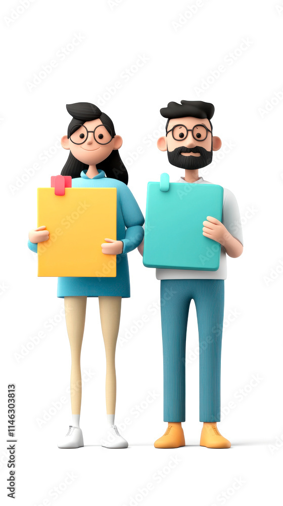 Two stylized characters hold colorful boards, showcasing a modern and playful design, perfect for creative or educational contexts. Two stylized characters hold colorful boards, showcasing a modern and playful design, perfect for creative or educational contexts.