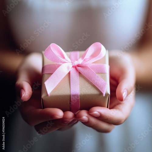 Close up shot of female hands holding a small gift wrapped with pink ribbon. Small gift in the hands of a woman indoor. Shallow depth of field with focus on the little box.