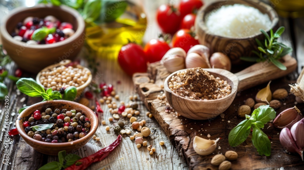 Rustic kitchen table with spices, herbs, and cooking essentials Rustic kitchen table with spices, herbs, and cooking essentials