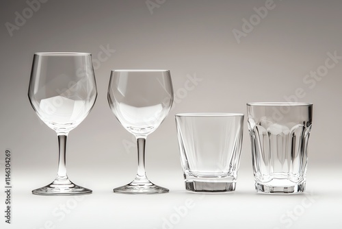 A collection of four elegant glassware pieces, including a wine glass, a goblet, a tumbler, and a lowball glass, set against a neutral background. photo