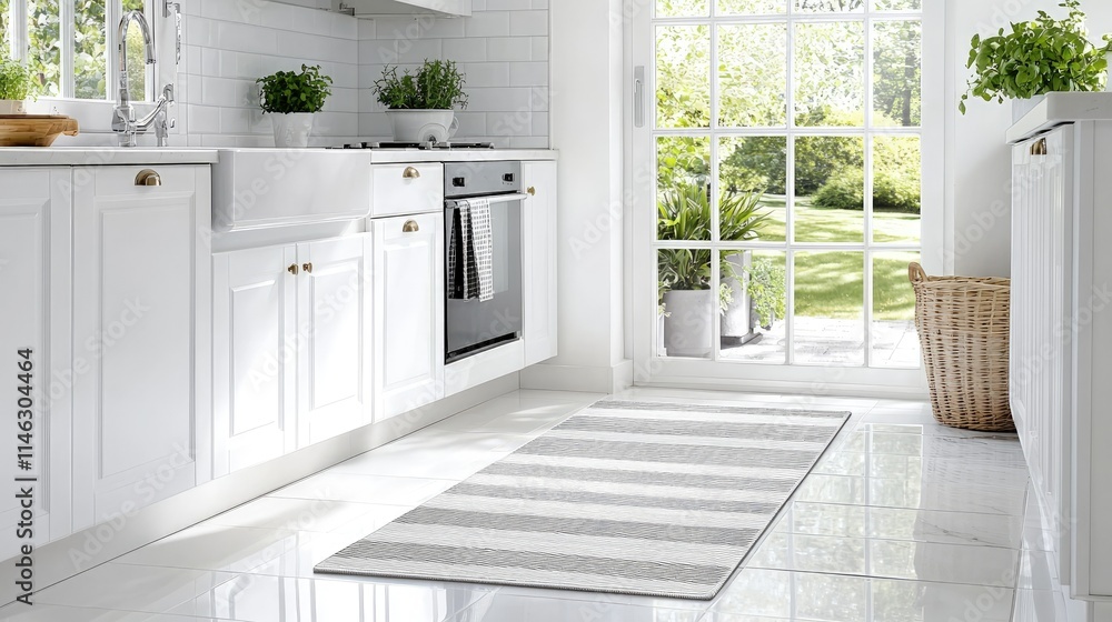 Striped kitchen runner rug in bright modern kitchen. Striped kitchen runner rug in bright modern kitchen.
