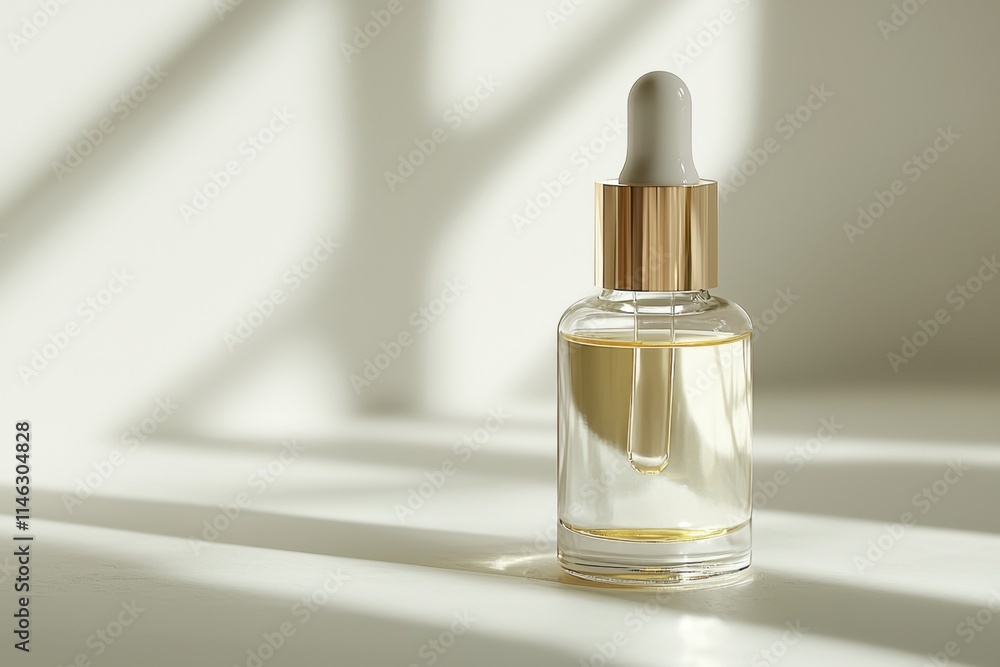 Closeup of a glass serum bottle with metallic standard studio setting product photography soft natural light minimalist design concept for skincare enthusiasts Closeup of a glass serum bottle with metallic standard studio setting product photography soft natural light minimalist design concept for skincare enthusiasts