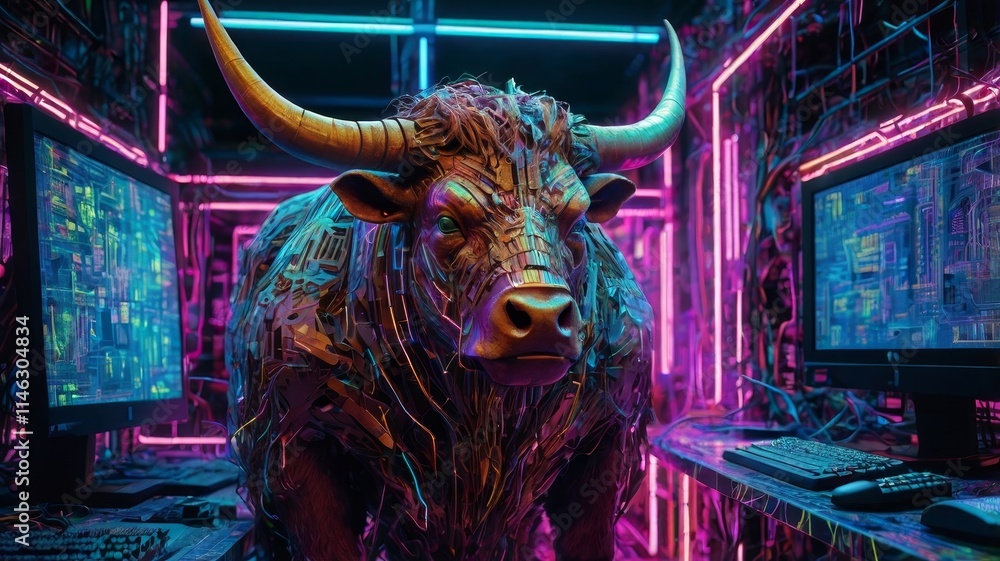 Minotaur at cyberpunk street of night city. Generate Ai