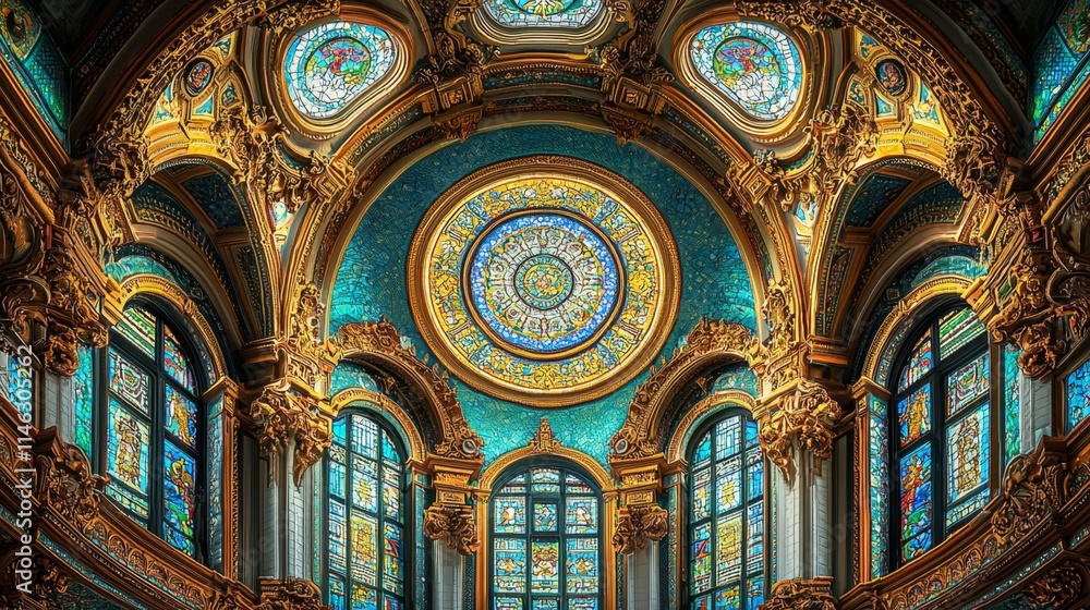 Behold the vibrant mosaic ceiling with golden accents in the dome of Golestan Palace Behold the vibrant mosaic ceiling with golden accents in the dome of Golestan Palace