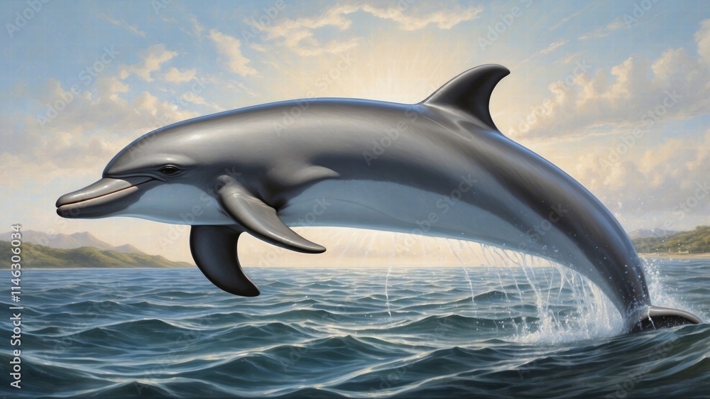 Obraz premium Dolphins realistic. Ocean or marine animals swim fishes with flippers deep blue sea underwater fauna decent realistic dolphins collection