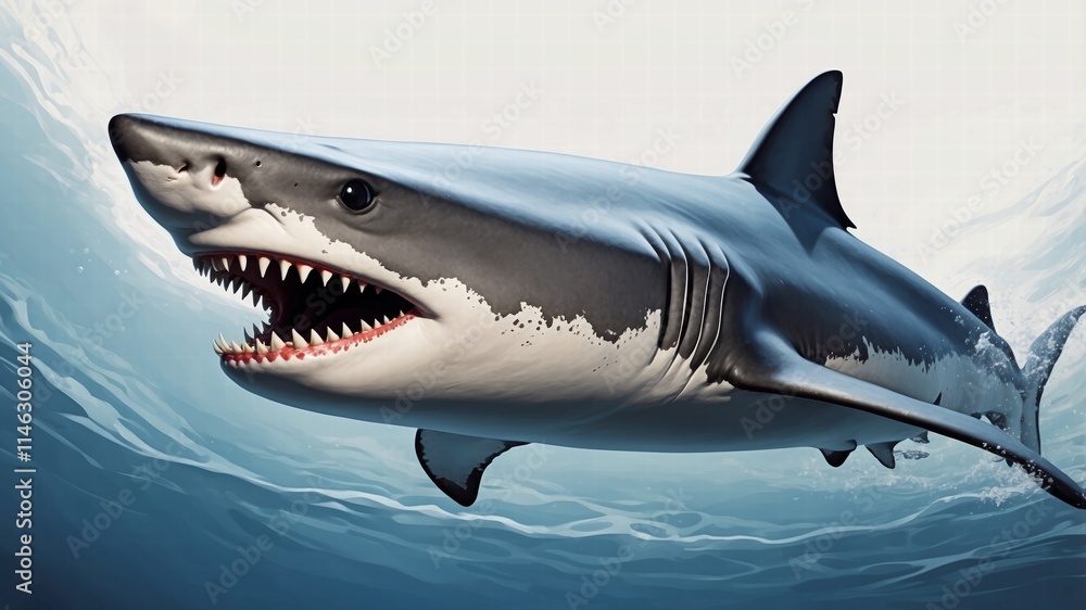 Ocean shark bottom view from below. Open toothy dangerous mouth with many teeth. Underwater blue sea waves clear water shark swims forward Ocean shark bottom view from below. Open toothy dangerous mouth with many teeth. Underwater blue sea waves clear water shark swims forward
