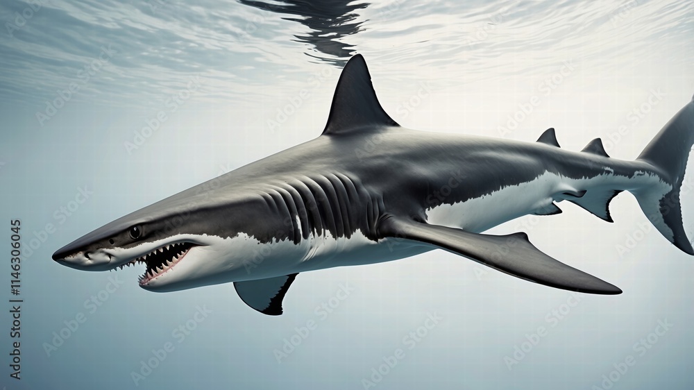 Naklejka premium Ocean shark bottom view from below. Open toothy dangerous mouth with many teeth. Underwater blue sea waves clear water shark swims forward