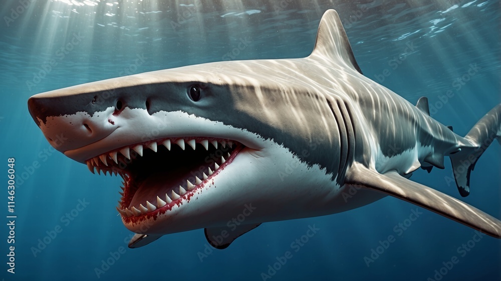 Ocean shark bottom view from below. Open toothy dangerous mouth with many teeth. Underwater blue sea waves clear water shark swims forward Ocean shark bottom view from below. Open toothy dangerous mouth with many teeth. Underwater blue sea waves clear water shark swims forward