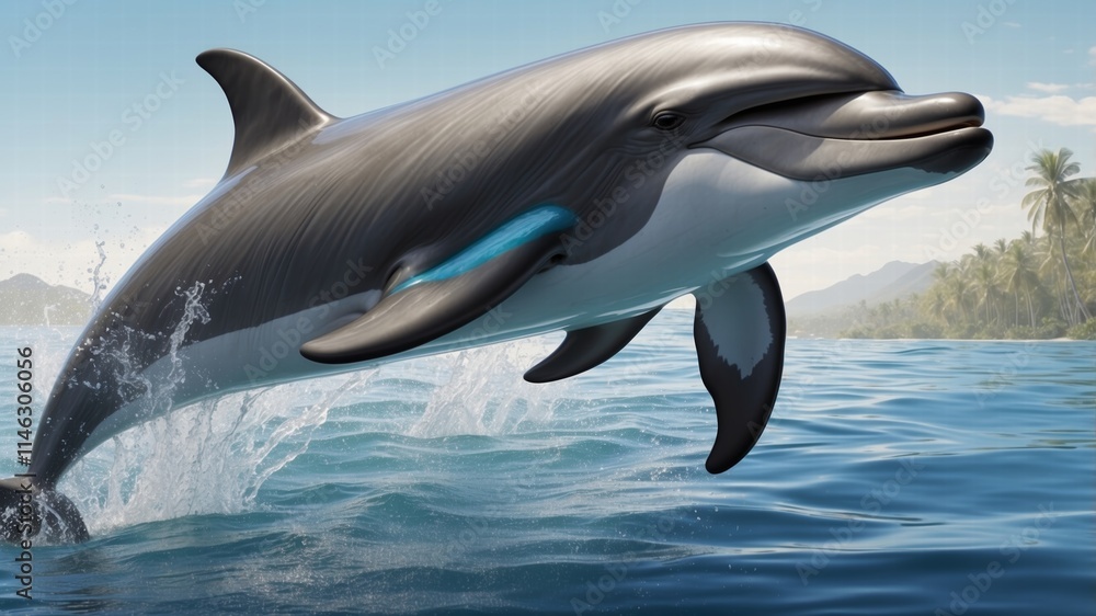 Fototapeta premium Dolphins realistic. Ocean or marine animals swim fishes with flippers deep blue sea underwater fauna decent realistic dolphins collection