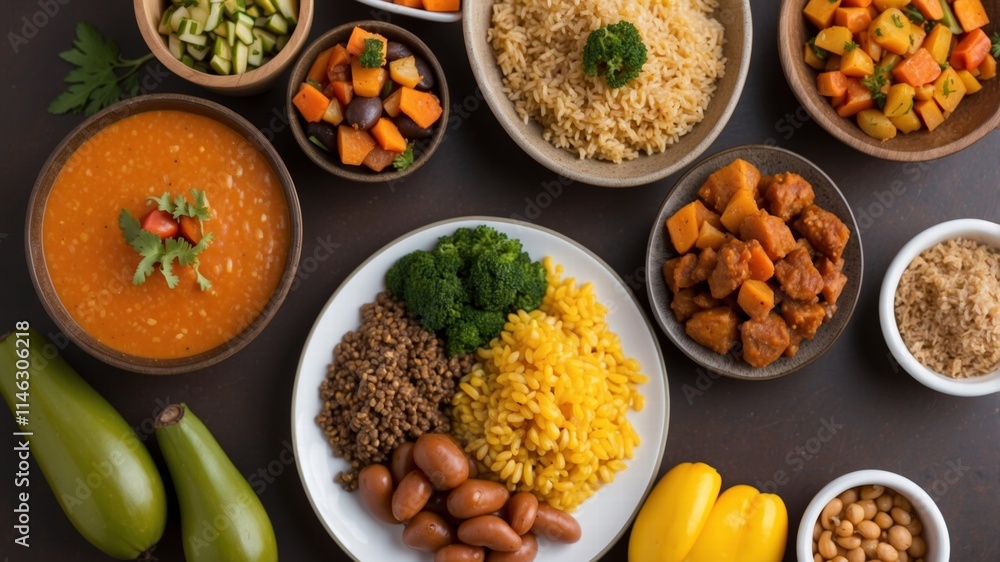 Meat and vegetable coucscous panorama. Traditional Moroccan dish, overhead flat lay shot with fresh mint Meat and vegetable coucscous panorama. Traditional Moroccan dish, overhead flat lay shot with fresh mint